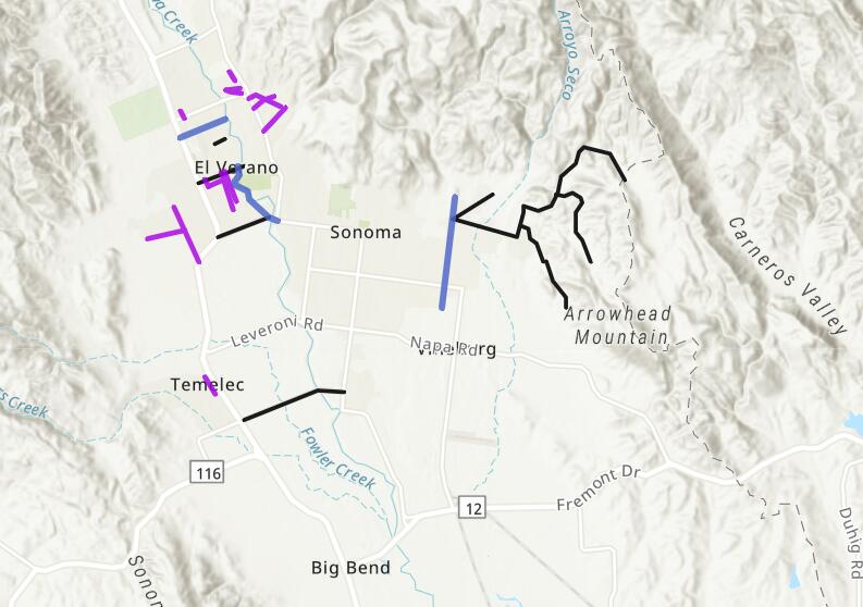 The Sonoma County Public Infrastructure Department created a map of past and upcoming projects. Lines in blue and black signal past completed projects. Lines in purple signal future repaving projects. (Sonoma County Transportation and Public Works)