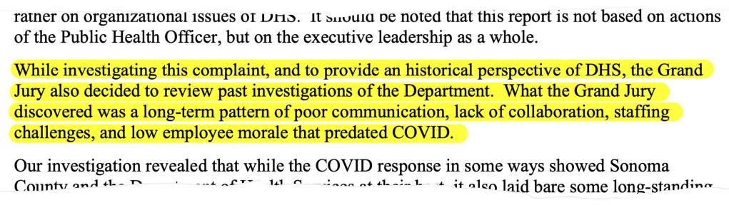 A highlighted excerpt from a Sonoma County Civil Grand Jury report scrutinizing the county’s Department of Health Services.