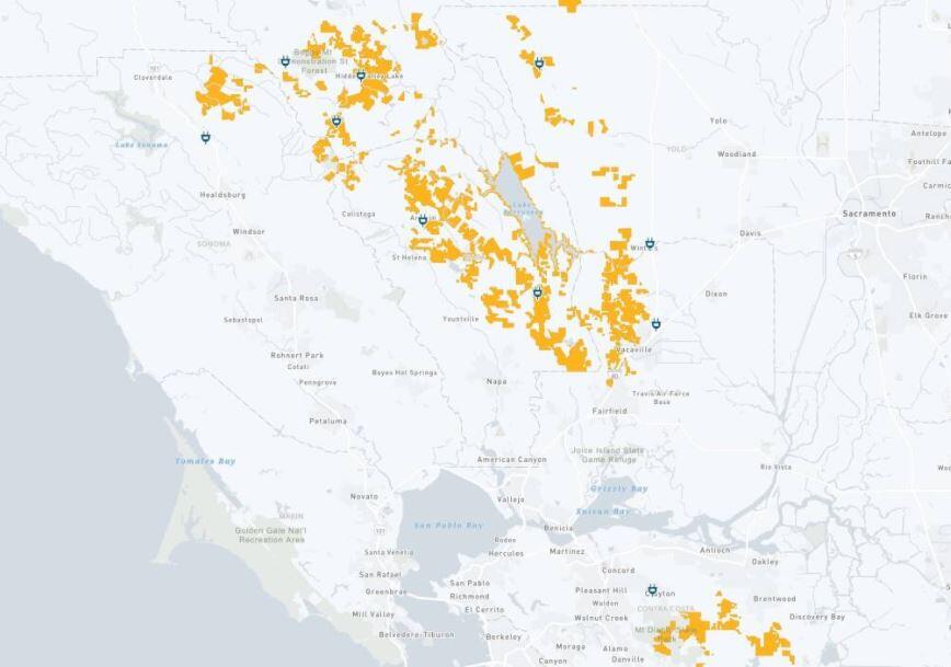 This PG&E map shows the planned areas of Lake, Solano, Napa and Sonoma counties were a public safety power shutoff is planned Monday, Oct. 11, 2021, through Tuesday, Oct. 12, 2021. (screenshot of the PG&amp;E website) Oct. 11, 2021 9:35 a.m.