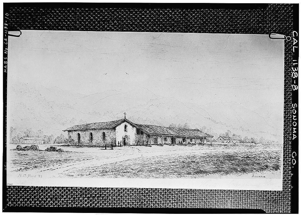 An illustration of the Mission in 1883 after the Church had been rebuilt on the west side of the courtyard. (Society of California Pioneers)