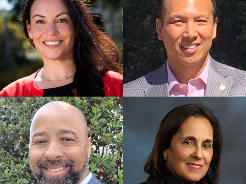 Four people are vying to represent District 4 on the Santa Rosa City Council. From bottom left clockwise: Terry Sanders, Victoria Fleming, Henry Huang and Shari Shamsavari.