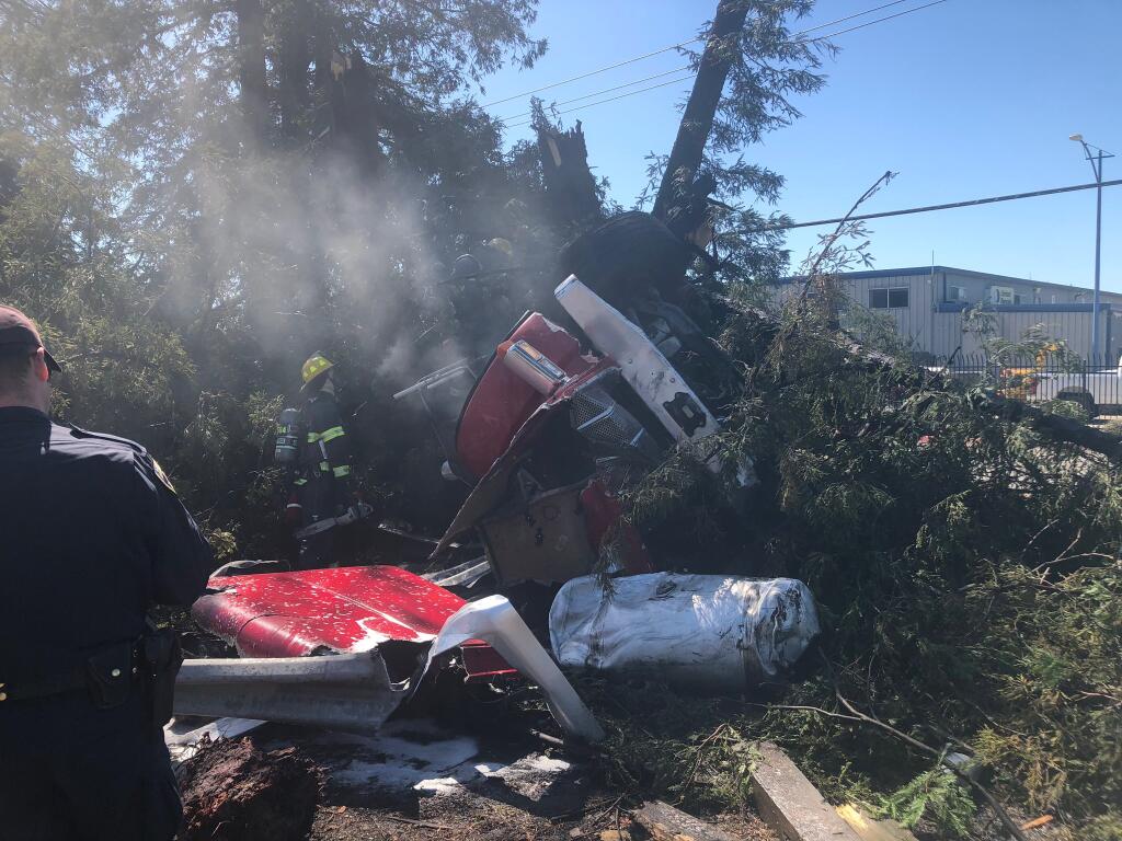 A big rig crashed into a tree off southbound Highway 101 Friday, March 26, 2021, causing major delays as crews cleared the wreck. (CHP Santa Rosa/Twitter)