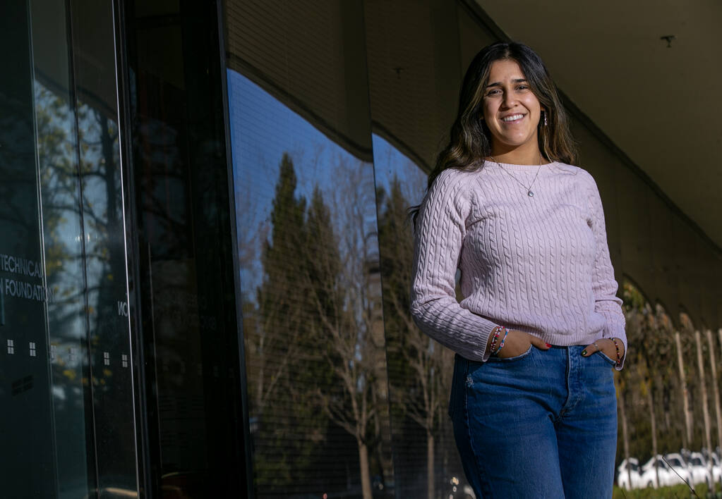 Jocelyn Camacho, Sonoma Corps graduate and 2020-21 intern at Keysight Technologies, is currently interning at Career Technical Education Foundation in Santa Rosa and pursuing a degree/career in computer science. Camacho outside the CTEF offices Wednesday, Dec. 7, 2022. (Chad Surmick/The Press Democrat)