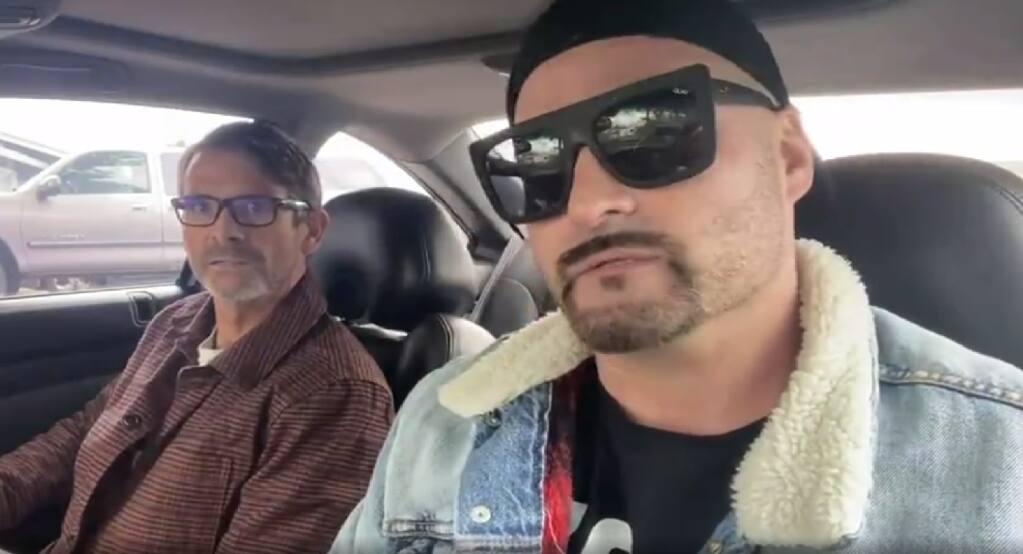 Press Democrat journalist Phil Barber (left) conducted his interview with Jon Minadeo II (right) in Minadeo's parked car on March 3, 2022. Image from Minadeo's website.