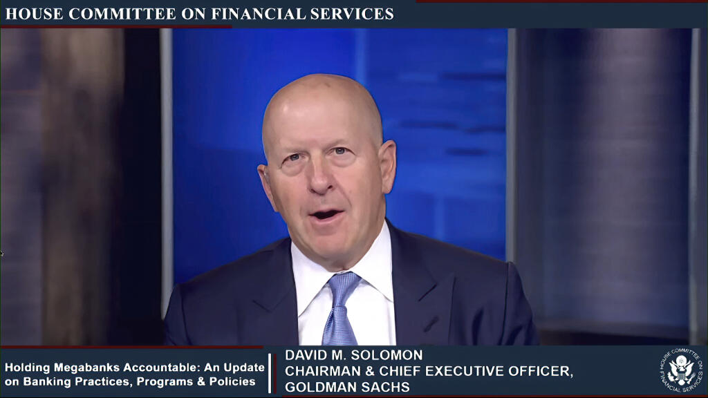 This image from video provided by the House Financial Services Committee shows Goldman Sachs CEO David Solomon testifying virtually to the House Financial Services Committee Thursday, May 27, 2021. (House Financial Services Committee via AP)