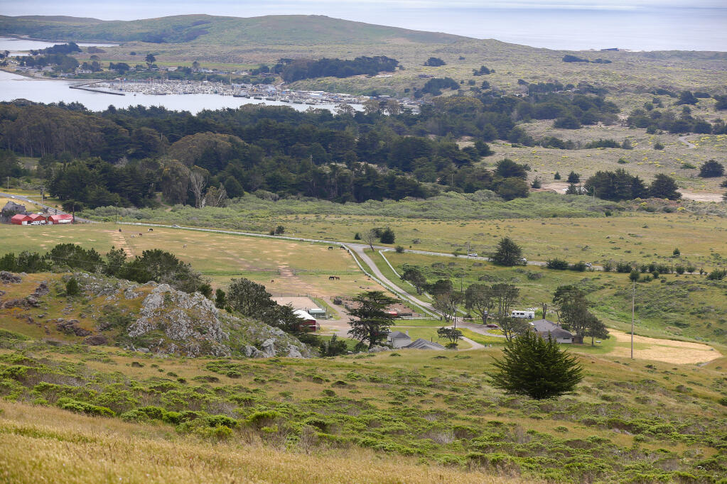 A view from Chanslor Ranch of the horse pastures, foreground, and Bodega Bay, Friday, May 26, 2023. (Christopher Chung / The Press Democrat file)