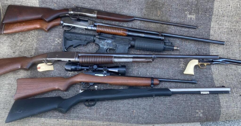 Petaluma police recovered these firearms after investigating an assault with a deadly weapon Monday, Sept. 13, 2021. A suspect was taken into custody after fleeing into a home and the guns were found inside, police said. (Petaluma Police Department)