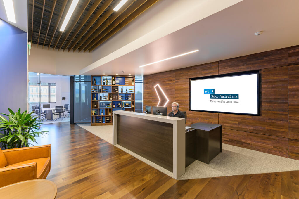 Silicon Valley Bank opened its Premium Wine Division head office in Napa in 2019 with an open floorplan. That means favoring collaboration areas and conference rooms over private offices. That design is expected to fit well with a trial started in early April 2021 of a hybrid work model that’s partly remote and partly in-person, expected to remain to some degree beyond the cororavirus pandemic. (Fennie + Mehl photo, early 2021)