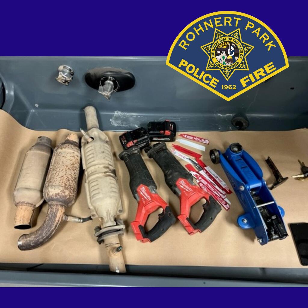 Police officers arrested three residents Monday after finding three catalytic converters and burglary tools in their vehicle, which was later identified as stolen. (Rohnert Park Department of Public Safety)