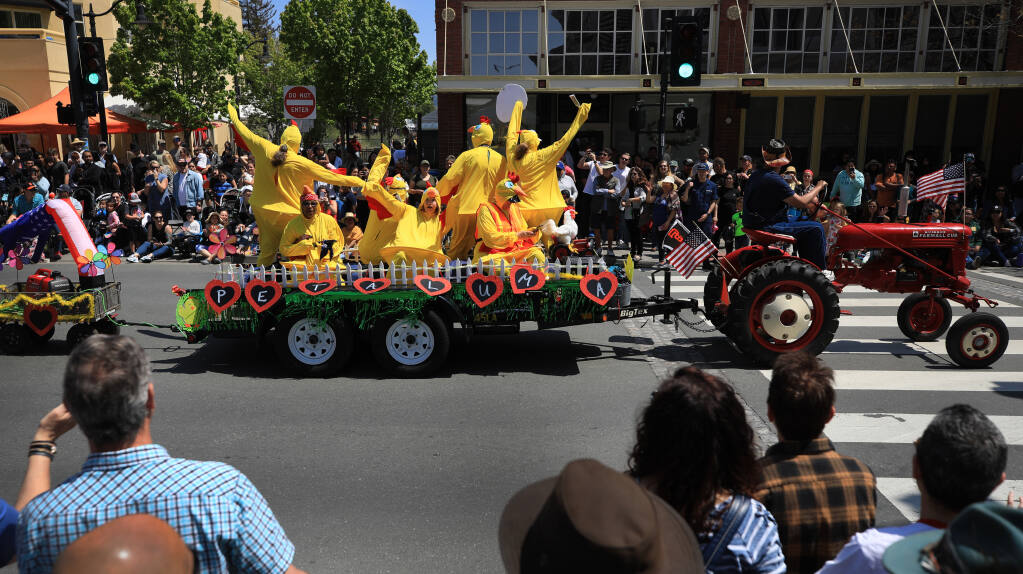 The Espinoza Farms float rolls down Petaluma Boulevard on April 23 during the Butter & Egg Days parade in Petaluma. The last parade was in 2019 before the pandemic. (Kent Porter / The Press Democrat)