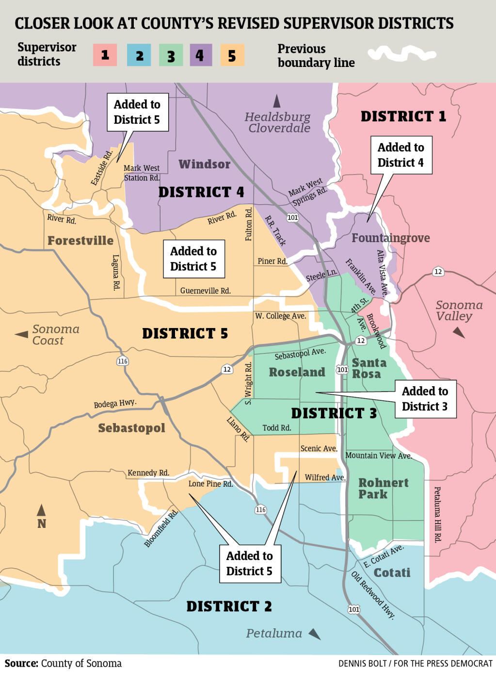 The new Sonoma County Board of Supervisors district map, adopted Dec. 14, 2021 and set to go into effect Jan. 13, 2022. The shown area illustrates most major changes made in and around Santa Rosa and Rohnert Park. (Dennis Bolt/For The Press Democrat)