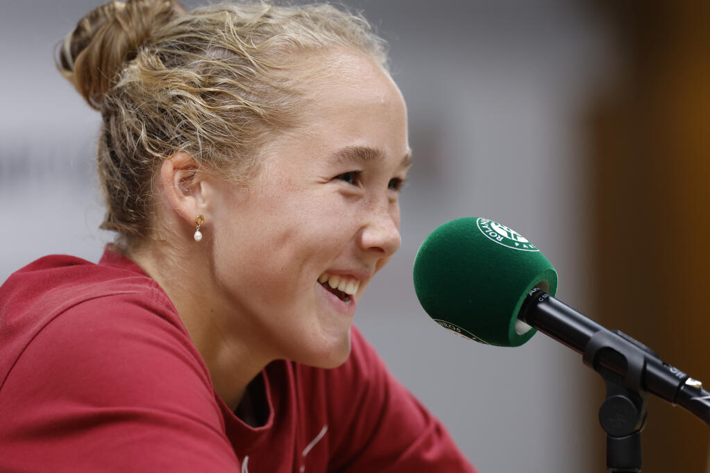Russia’s Mirra Andreeva speak at a news conference after her second-round match at the French Open at the Roland Garros stadium in Paris, Thursday, June 1, 2023. (Jean-Francois Badias / ASSOCIATED PRESS)