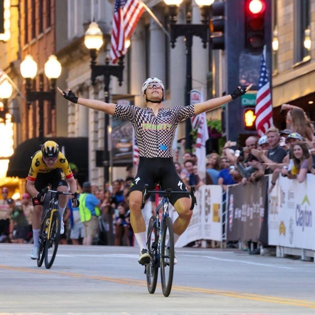 Luke Lamperti crosses the line victorious for the third straight year in the elite men’s criterium at the USA Cycling Pro Road National Championships in Knoxville, Tennessee, Thursday, June 22, 2023. (Photo courtesy of Trinity Racing)