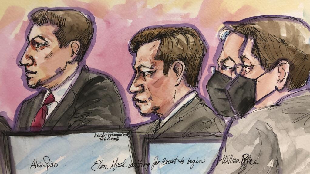 In this courtroom sketch, Elon Musk, center, sits next to attorney Alex Spiro, left, in federal court in San Francisco, Friday, Feb. 3, 2023. (Vicki Behringer via AP)