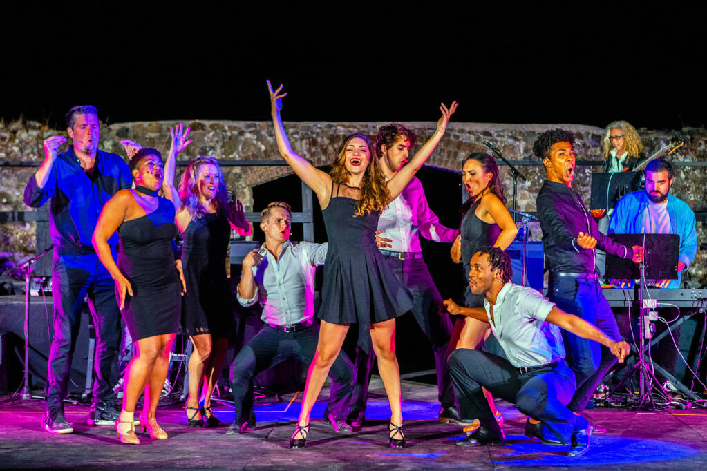Maria Bilbao (center) with Road Trip cast perform Rhythm is Gonna Get You (Ray Mabry photo)