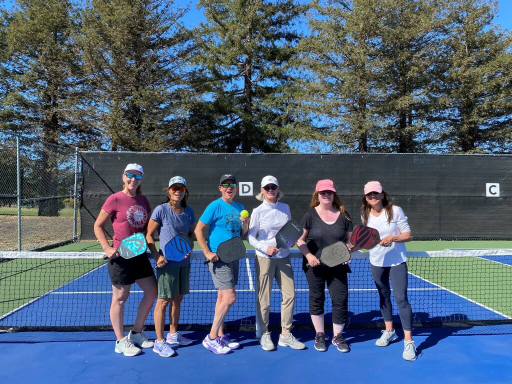 From left: Linda Juliano, Tina Shih, Sarah Bacon, De Moore, Mara Rosen and Donna Harris. The San Francisco-based pickleball group traveled on Sept. 8, 2023, to Rohnert Park and checked into the Doubletree for an overnight stay to enjoy the hotel’s new pickleball courts. (Cheryl Sarfaty / North Bay Business Journal)
