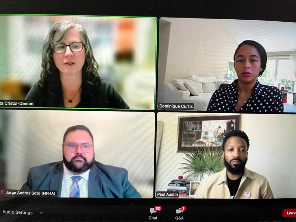 Panelists of a virtual fair housing conference on April 20 discuss racial bias in the housing market. At bottom right, Paul Austin provided his story involving an appraisal that turned into a lawsuit. Photo by Susan Wood