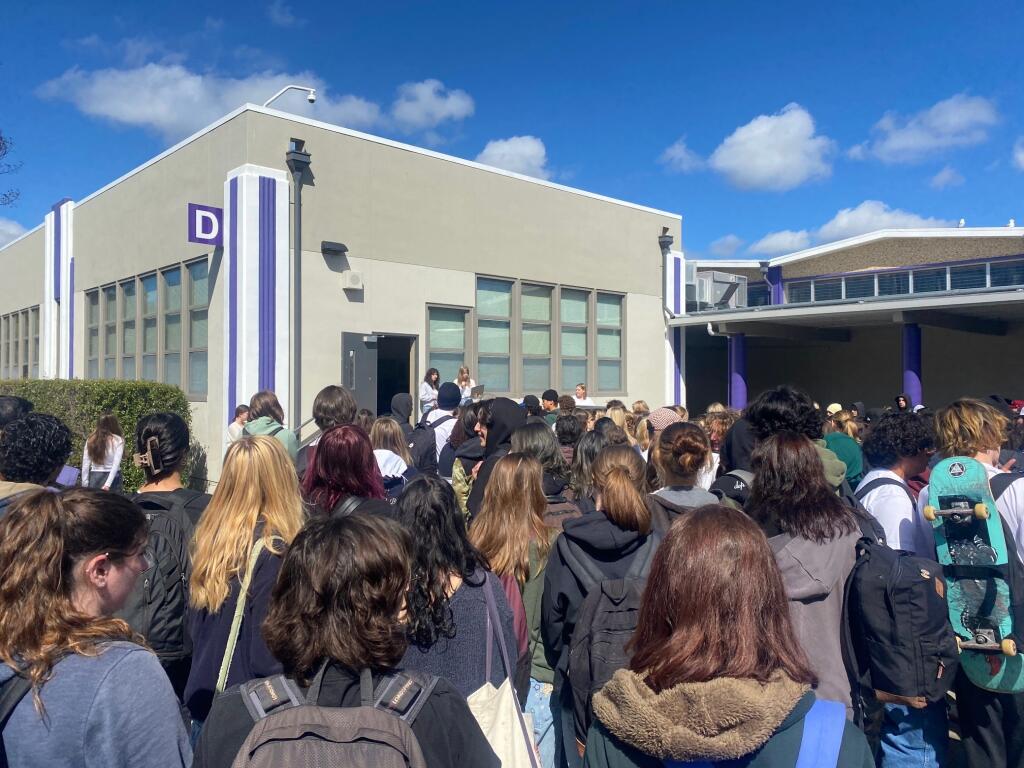 Students gather for a “walk-in” protest at the Petaluma High School quad on Wednesday, March 8, 2023. (Submitted photo)