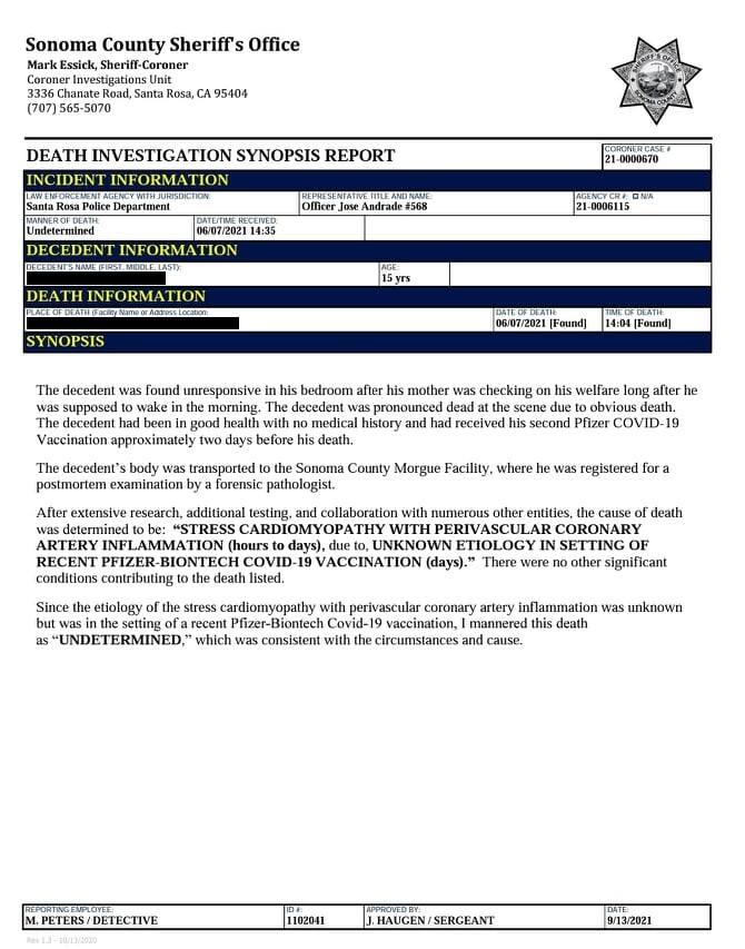 This one-page report on the death of a 15-year-old boy has been circulating online by people who are questioning whether his death was related to the COVID-19 vaccine. (Sonoma County Sheriff’s Office)