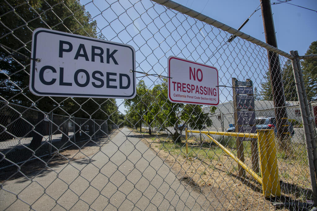 The Joe Rodota Trail is closed at Dutton Avenue and Sebastopol Road due to homeless encampments in south Santa Rosa on Monday, July 11, 2022. (Chad Surmick / Press Democrat)