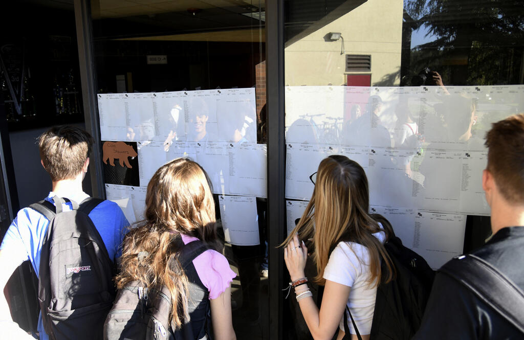 FILE - New students at Bear River High School, in Grass Valley, Calif., gather to see their school schedules during the first morning of school, Tuesday, Aug. 16, 2022, for the 2022-2023 school. ACT test scores made public in a report Wednesday, Oct. 12, 2022, reveal a decline in preparedness for college-level coursework. (Elias Funez/The Union via AP, File)