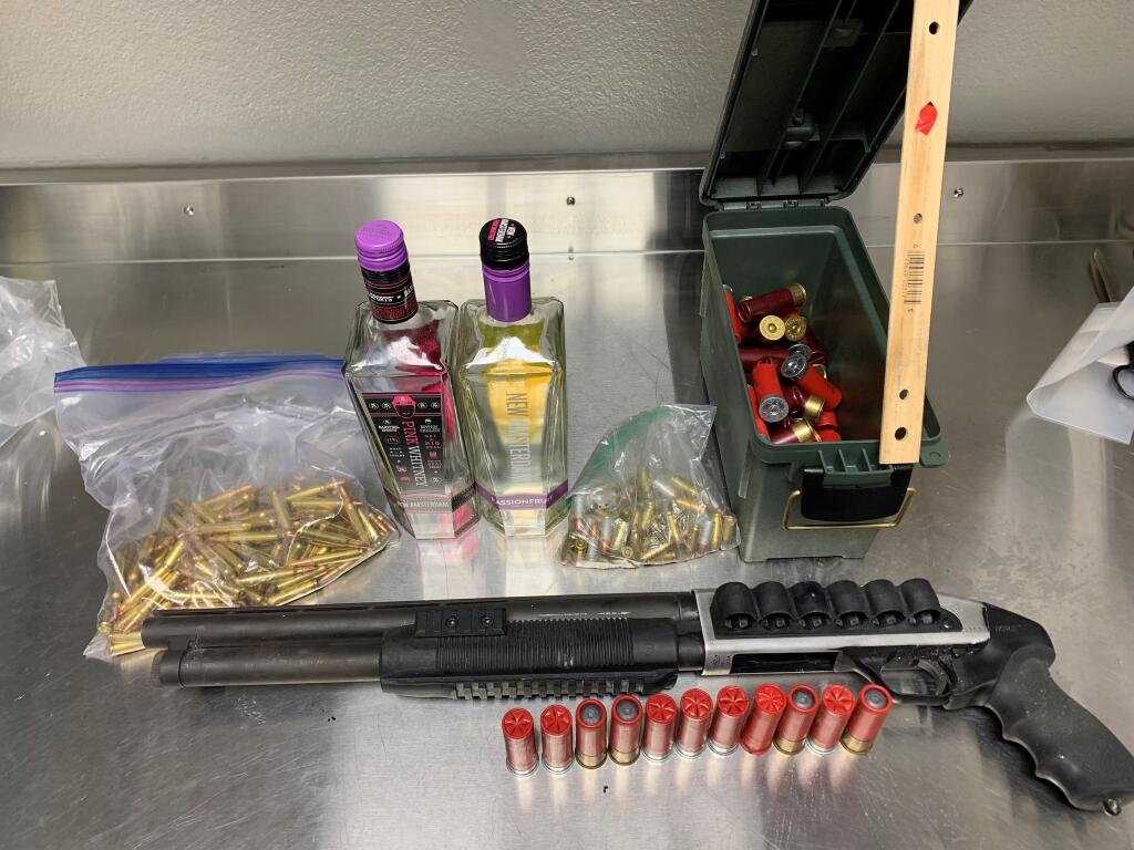 Healdsburg Police Department officers found a sawed-off shotgun in the front passenger seat, two bottles of alcohol and a “large” amount of ammunition in the vehicle of a suspect following a high-speed pursuit. The chase began after officers tried to pull over the vehicle Thursday morning for a traffic violation. (Headsburg Police Department)