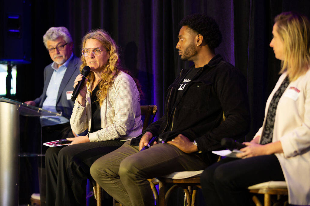 Cathy Huyghe, Co-Founder of Enolytics, second from left, speaks during a panel discussion at the 23rd Annual Wine Industry Conference on April 20. (Charlie Gesell Photography / for North Bay Business Journal)