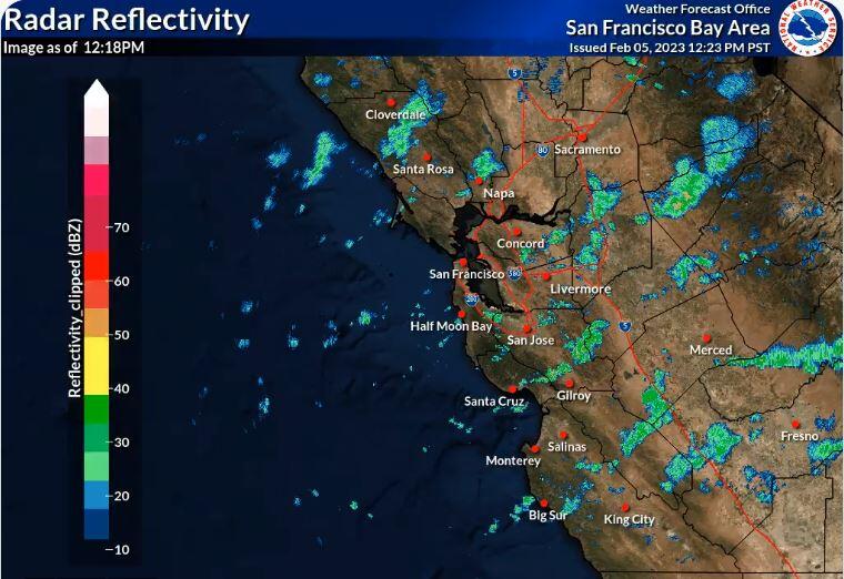 Scattered showers are expected to continue throughout the North Bay until mid to late evening, according to the National Weather Service. (National Weather Service)