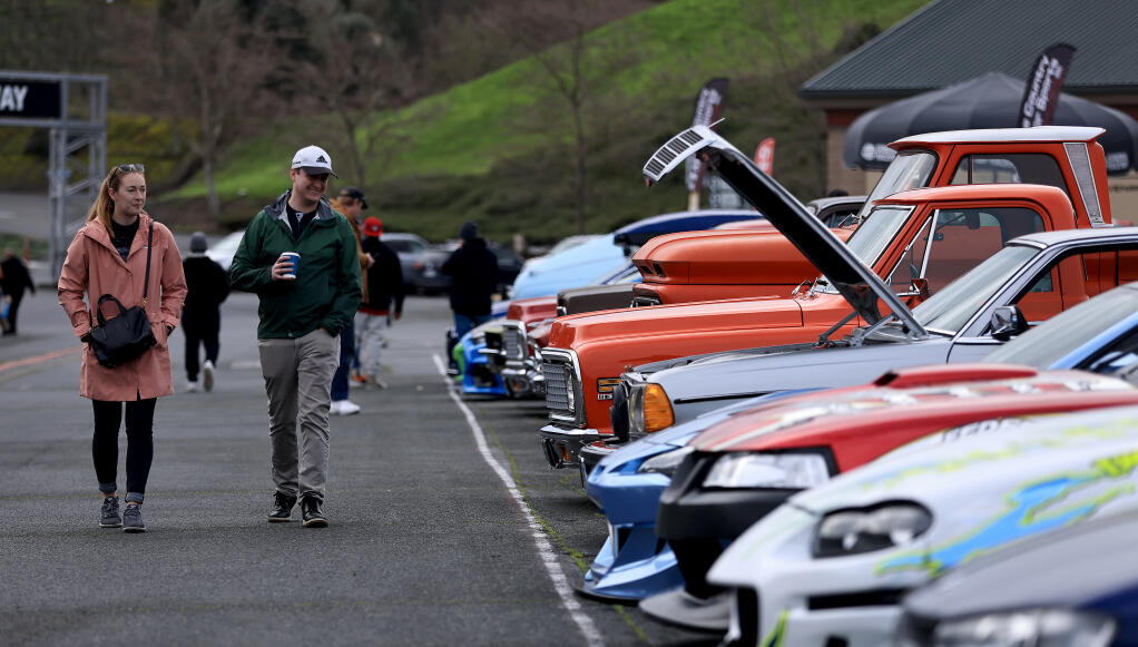 Several classic autos on static display, Saturday, Feb. 3, 2024, during the Speedway Children’s Charities event at Sonoma Raceway in Sonoma. (Kent Porter / The Press Democrat)