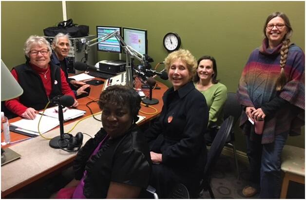 Dr. Harriet Fraad (middle) sits with the KBBF crew. Fraad was recently on Women’s Spaces, hosted by Elaine Holtz. Photo courtesy KBBF.