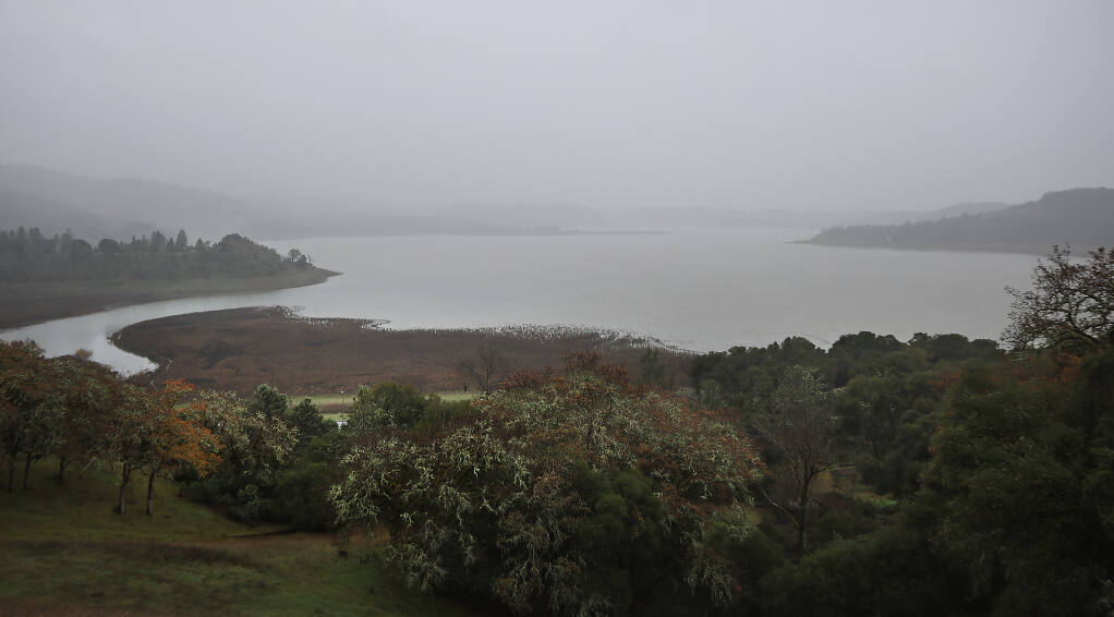 The north end of Lake Mendocino northeast of Ukiah, is slowly filling after above average rainfall since October, as seen Monday, Jan. 3, 2022. (Kent Porter / The Press Democrat)