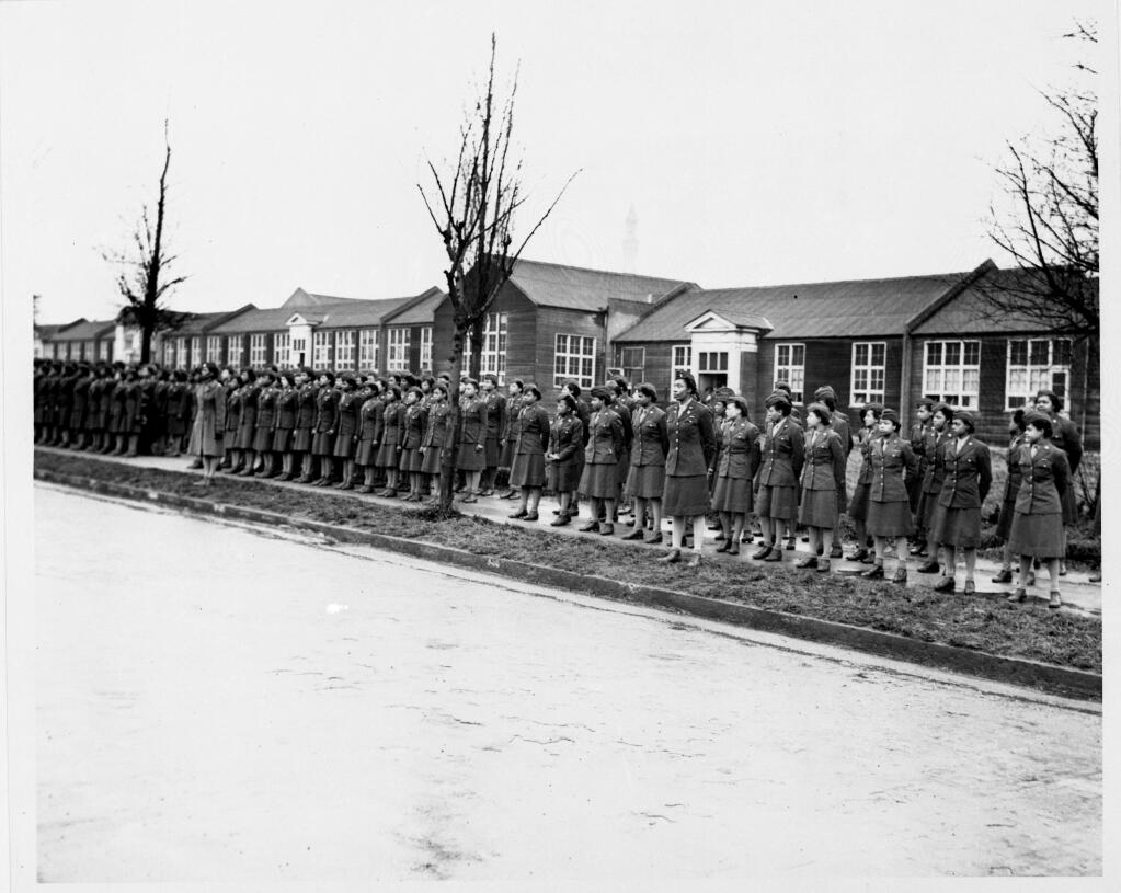 FILE - In this photo provided by the U.S. Army Women's Museum, members of the 6888th battalion stand in formation in Birmingham, England, in 1945. On Monday, Feb. 28, 2022, the House voted to award the only all-female, Black unit to serve in Europe during World War II with the Congressional Gold Medal. (U.S. Army Women's Museum via AP, File)