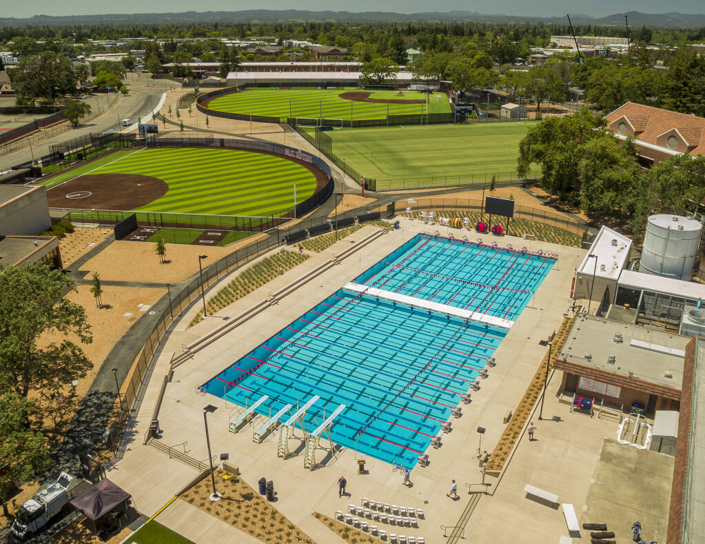 The Olympic-sized swimming pool at SRJC’s Quinn Swim Center is ready for swimmers, before Thursday’s ribbon cutting on Thursday, June 23, 2022.  (Chad Surmick / The Press Democrat)