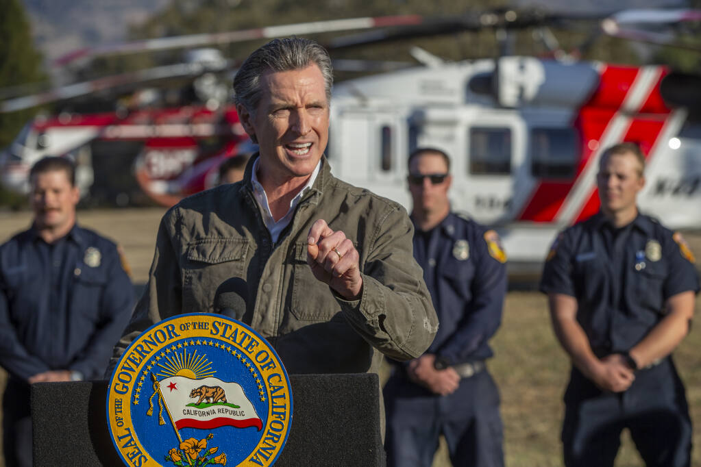 California Gov. Gavin Newsom talks about the states continuing commitment to bring more fire resources to the front line while visiting the Monticello Road fire station Thursday Nov. 17, 2022 in Napa. (Chad Surmick / The Press Democrat)