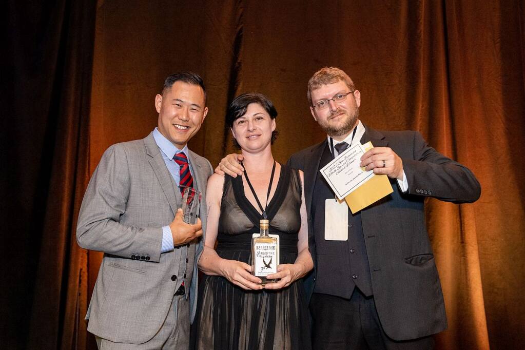 The distilling team behind Barber Lee Spirits at the San Francisco World Spirits Competition (SFWSC) 2022 awards gala: (left to right) Aaron Lee, Lorraine Barber and Michael Barber. (Courtesy of Barber Lee Spirits)