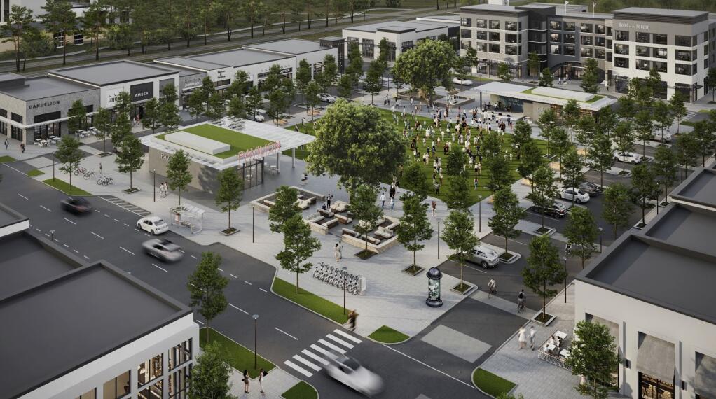 A conceptual plan for the future downtown in Rohnert Park shows a community square that could host social and cultural gatherings. (Slavik Design)