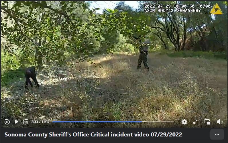 In this screenshot from body-camera footage released Sunday as part of a critical incident video of the July 29 fatal deputy-involved shooting of David Pelaez-Chavez, Pelaez-Chavez, left, is confronted by Sonoma County Sheriff’s deputies.