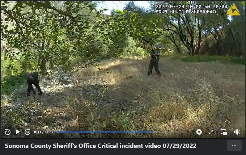 In this screenshot from body-camera footage released July 29, David Pelaez-Chavez, left, is confronted by Sonoma County Sheriff’s deputies.