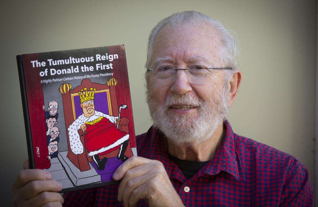 Trump Reign O’er Me: Bill O’Neal with his new book ’The Tumultuous Reign of Donald the First,’ a compilation of political cartoons.  (Photo by Robbi Pengelly/Index-Tribune)