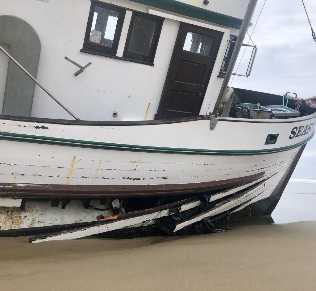 The Seastar ran adrift after skipper Ryan Kozlowski fell overboard Feb. 24 or 25, 2022, and eventually grounded on Kehoe Beach at the Point Reyes National Seashore. (California Office of Spill Prevention and Response)