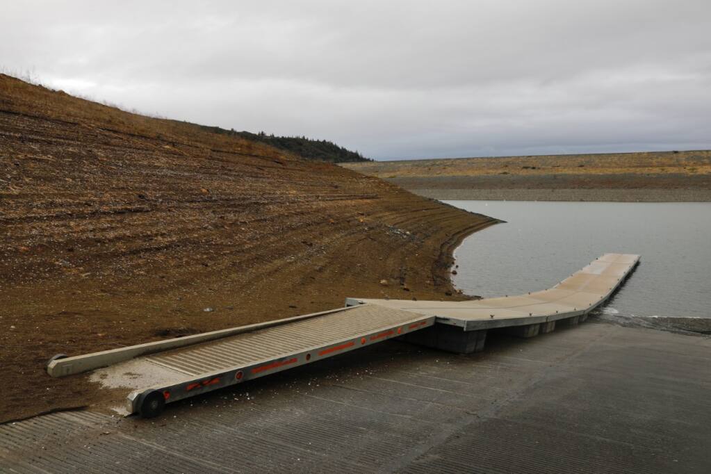 Much of the boat ramp at Lake Sonoma sits out of the water due to low water levels. Monday, Nov. 7, 2022. (Beth Schlanker / The Press Democrat)