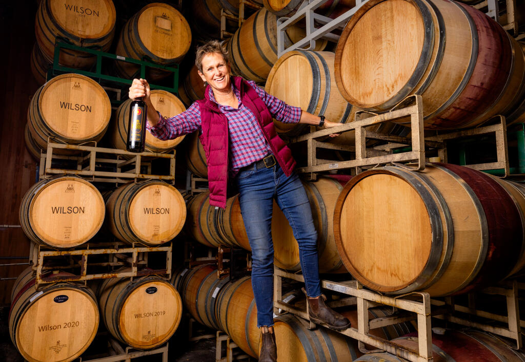Wilson Winery of Dry Creek owner/winemaker Diane Wilson won the Harvest Fair Sweepstakes with her 2021 zinfandel. The Wilson Artisan Wineries have won Harvest Fair sweepstakes awards seven times. (John Burgess / The Press Democrat)