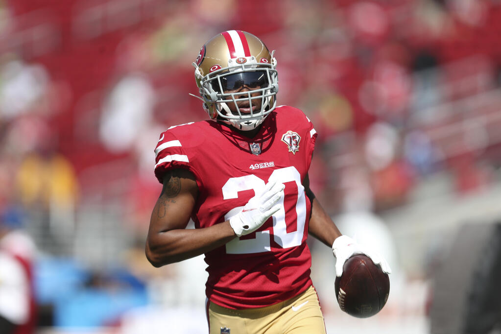 San Francisco 49ers cornerback Ambry Thomas warms up before a game against the Seattle Seahawks in Santa Clara on Sunday, Oct. 3, 2021. (Jed Jacobsohn / ASSOCIATED PRESS)