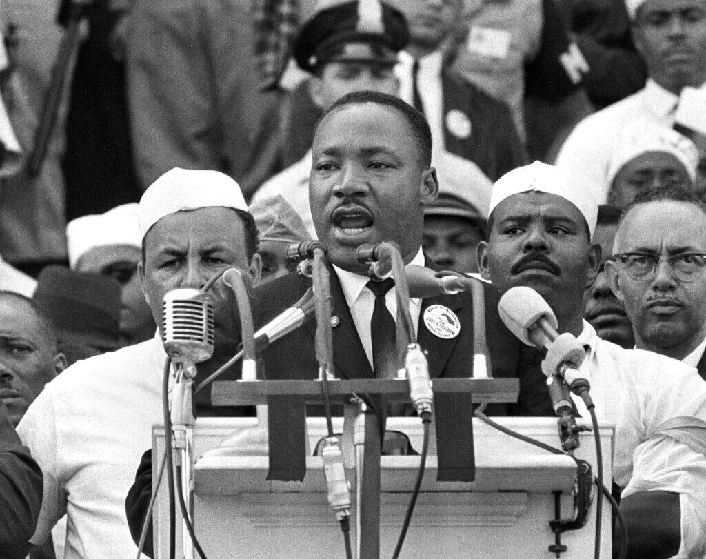 FILE - In this Aug. 28, 1963 file photo, the Rev. Dr. Martin Luther King Jr., head of the Southern Christian Leadership Conference, addresses marchers during his "I Have a Dream" speech at the Lincoln Memorial in Washington.  (AP Photo/File)