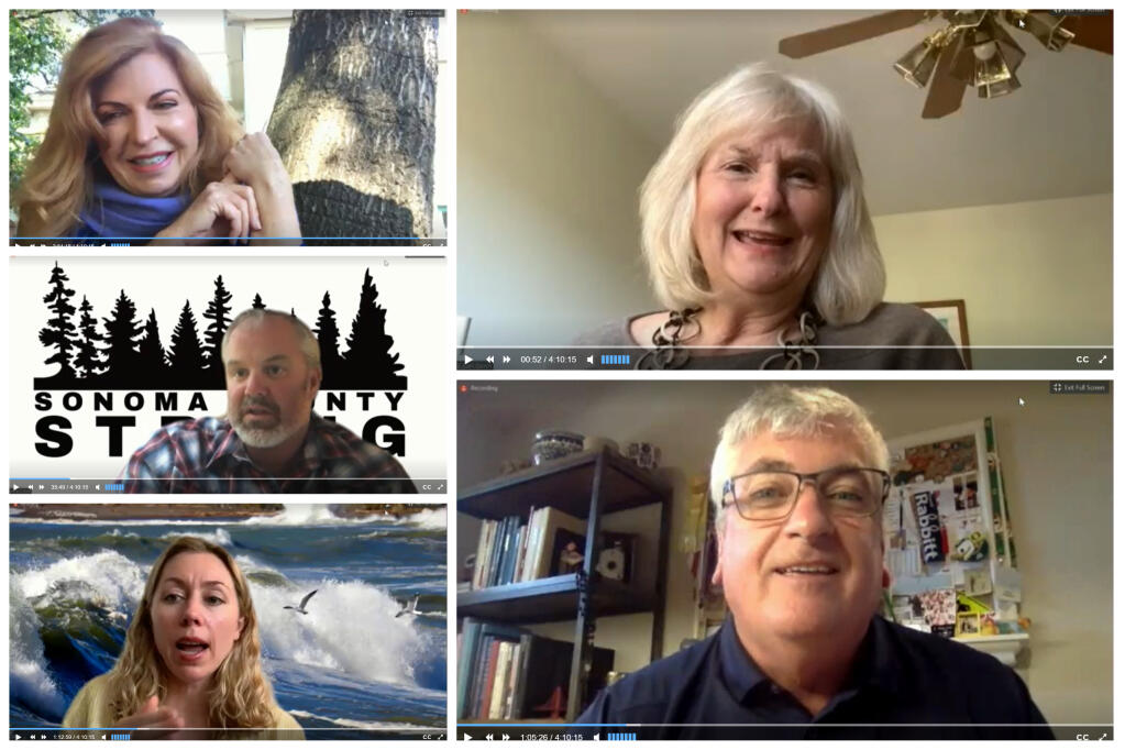 Sonoma County supervisors appear in via video conference in this digital rendering created by The Press Democrat. The screen captures obtained July 23, 2020, show, clockwise from top left: Shirlee Zane, Board Chair Susan Gorin, David Rabbitt, Lynda Hopkins and James Gore. (Tyler Silvy)