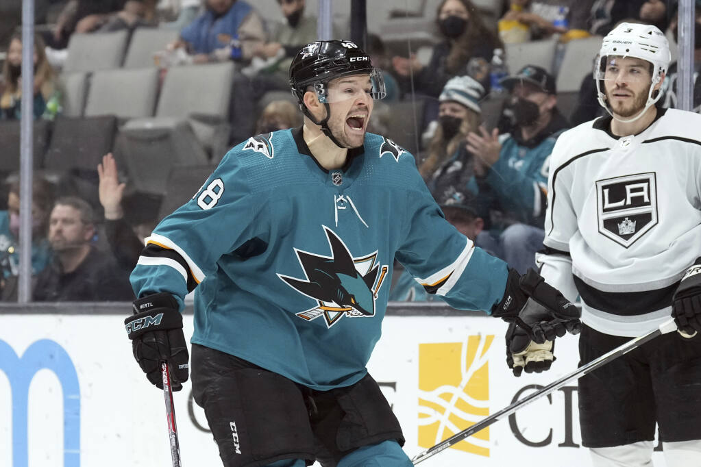 San Jose Sharks center Tomas Hertl (48) reacts after being called for a penalty during the second period against the Los Angeles Kings during an NHL hockey game in San Jose, Calif., Monday, Jan. 17, 2022. (AP Photo/Darren Yamashita)