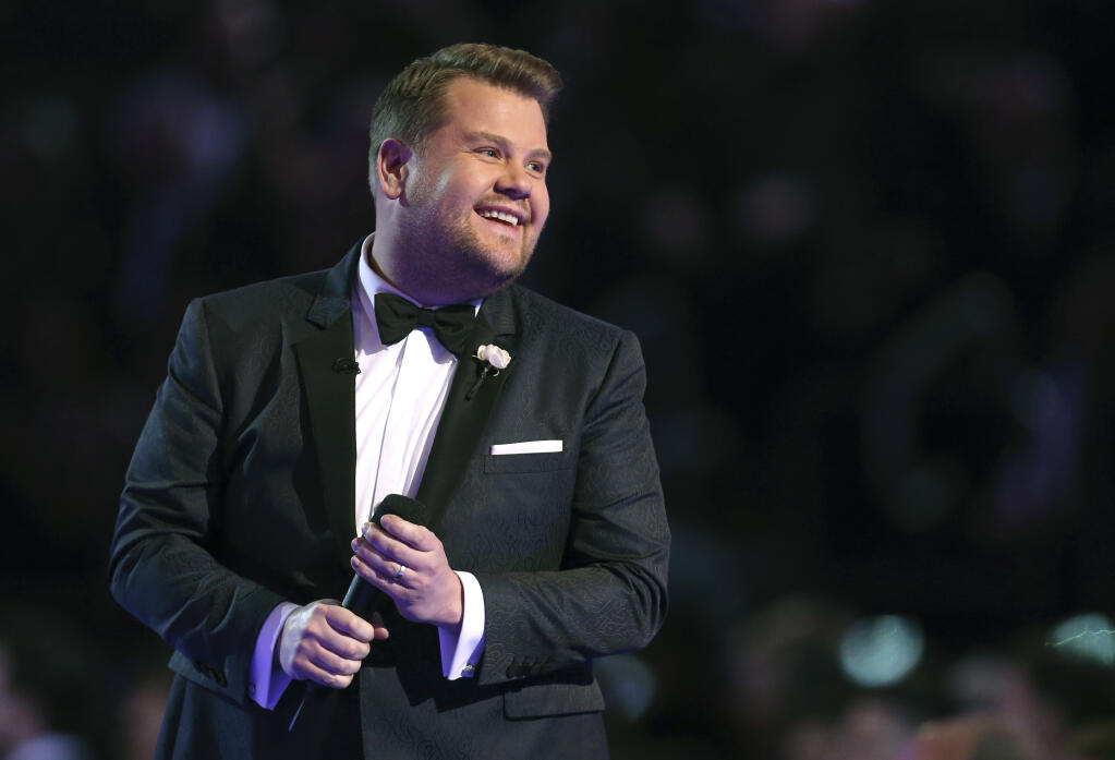 FILE - James Corden hosts at the 60th annual Grammy Awards at Madison Square Garden on Jan. 28, 2018, in New York. Corden bid farewell Thursday, April 27, 2023, to his late-night CBS talk show “The Late Late Show with James Corden" after eight seasons. (Photo by Matt Sayles/Invision/AP, File)
