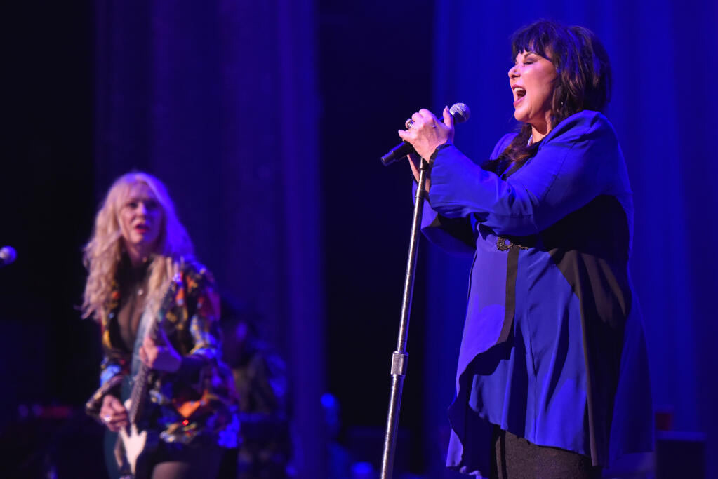 Nancy Wilson, left, and Ann Wilson of Heart perform during the "Love Alive Tour" at the Hollywood Casino Amphitheatre in Chicago, Thursday, July 11, 2019. The Wilson sisters performed together onstage for the first time in four years at the Luther Burbank Center for the Arts in Santa Rosa, Tuesday, Oct. 10, 2023. (Photo by Rob Grabowski/Invision/AP)