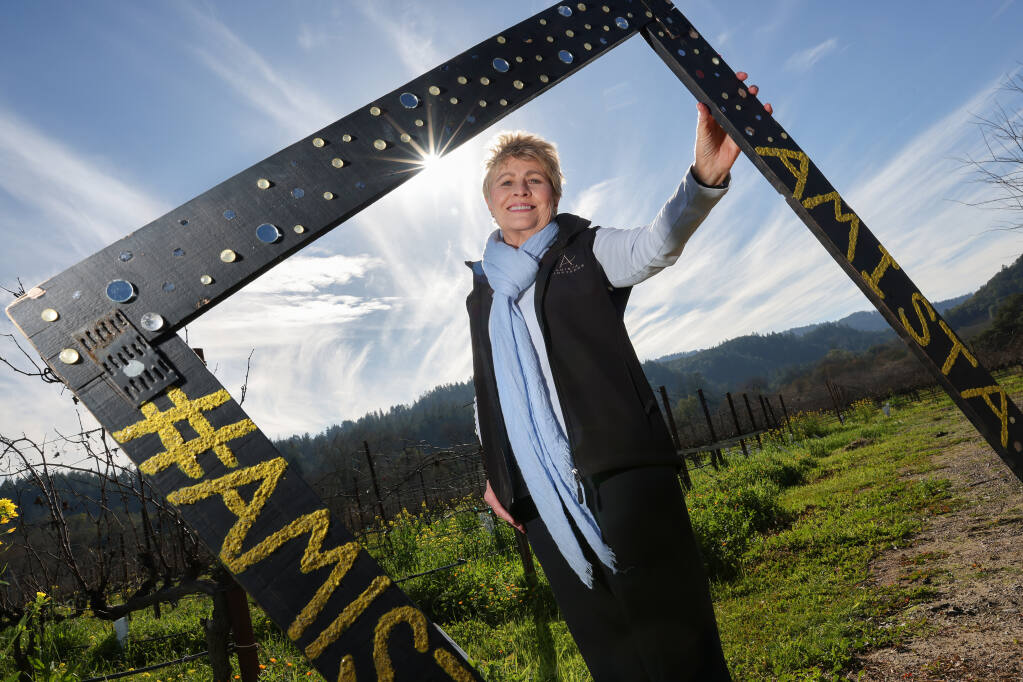 Vicky Farrow is the co-proprietor of Amista Vineyards, and founder of Sparkling Discoveries, an online resource for sparkling wine. Photo taken at Amista Vineyards on Friday, Jan. 27, 2023. (Christopher Chung/The Press Democrat)