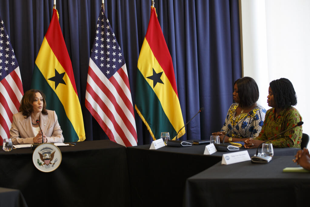 U.S. Vice President Kamala Harris, left, conducts a roundtable of women entrepreneurs to discuss economic empowerment, inclusion, and leadership in Accra, Ghana, Wednesday March 29, 2023. Harris is on a seven-day African visit that will also take her to Tanzania and Zambia. (AP Photo/Misper Apawu)